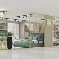 Modern Home Furnishing Store With Red Bed White Chairs Table Golden Shelves And Red Walls