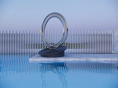 Modern Metal Ring Garden Ornament On Black Base By Pool With Water Reflection 3d model