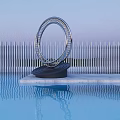 Modern Metal Ring Garden Ornament On Black Base By Pool With Water Reflection