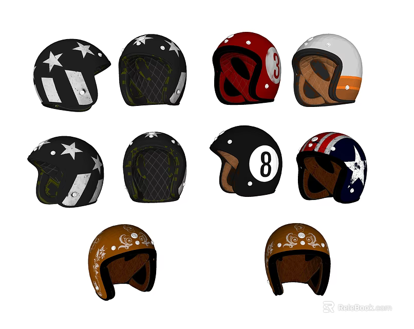 Various Stylish Motorcycle Helmets With Different Patterns And Colors For Riders 3d model 