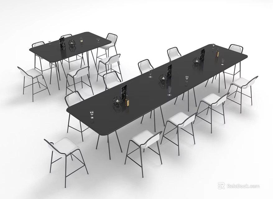 Modern Dining Table Set With Black Tables And White Chairs For Multiple Seating 3d model 