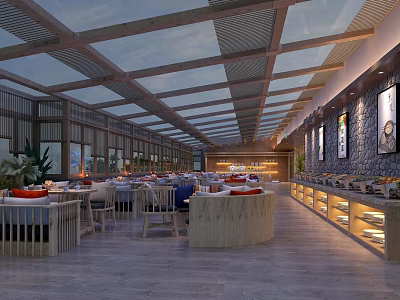 Spacious Modern Buffet Restaurant With Skylight Ceiling And Illuminated Serve Stations 3d model