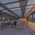 Spacious Modern Buffet Restaurant With Skylight Ceiling And Illuminated Serve Stations 3d model