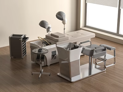 Modern Beauty Salon Equipment With Salon Bed Hair Dryers Storage Cabinets And Trolley 3d model