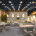 Garden Landscape Design With Illuminated Architectural Structures Surrounding Trees And Open Seating Areas