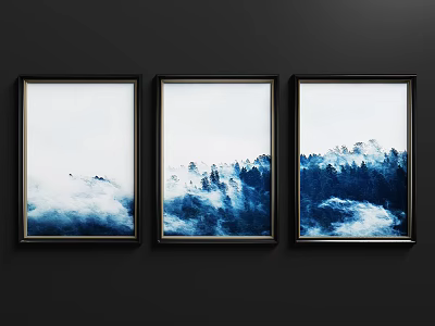 Three Framed Landscape Paintings With Misty Forest And Blue White Tones Hanging On Dark Wall 3d model