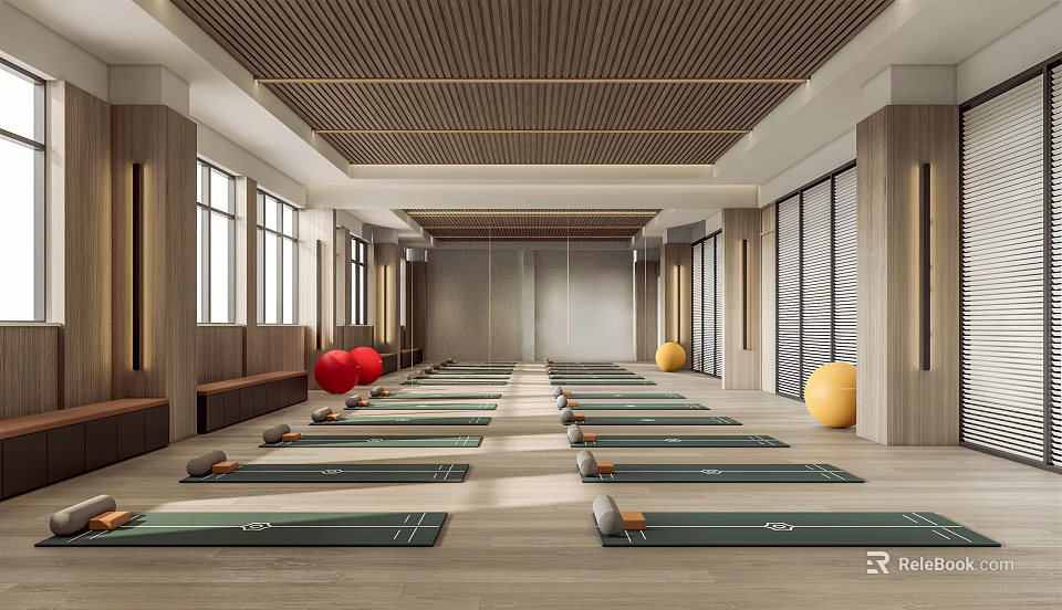 Spacious Yoga Fitness Studio With Neatly Arranged Mats Colorful Exercise Balls Wooden Floors Large Windows 3d model 