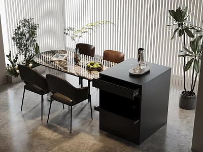 Modern Bar Counter With Black Finish Dining Chairs And Green Plants Interior Design 3d model