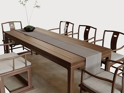 Modern Natural Wood Dining Set With Beige Cushioned Chairs Table Runner And Plant Decor 3d model