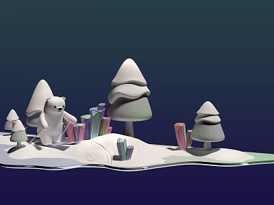 Cartoon Polar Bear In Snowy Landscape With Stylized Trees And Colorful Elements 3d model
