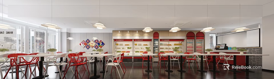 Bright Modern Restaurant Interior With Display Cases Food Items Tables And Chairs 3d model 