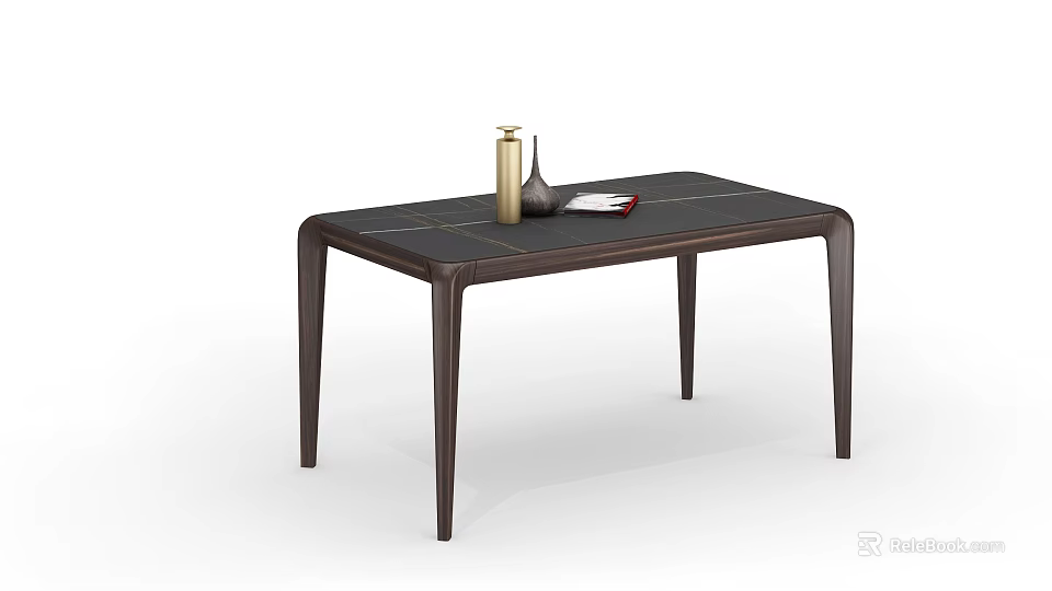 Minimalist Dark Wooden Dining Table With Black Tabletop Decorative Vases And Red Book 3d model