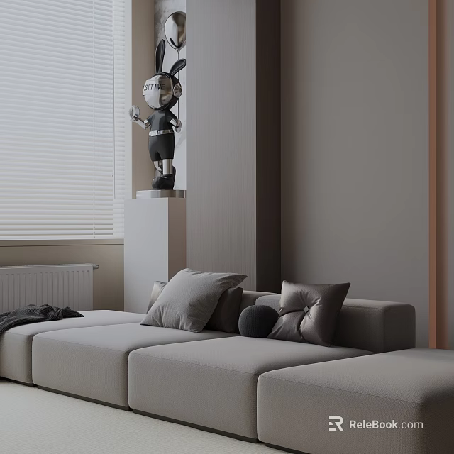 Light Gray Three-Seater Sofa with Cushions Black Round Pillow White Blinds and Rabbit Figurine 3d model 