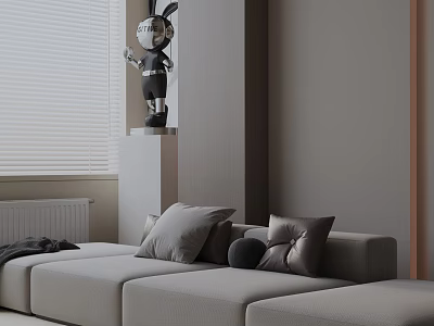 Light Gray Three-Seater Sofa with Cushions Black Round Pillow White Blinds and Rabbit Figurine 3d model