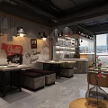 Korean Restaurant Modern Industrial Interior With Wooden Tables Chairs And Decorative Paintings