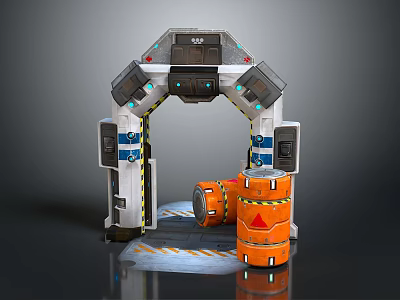 Sci-Fi Archway Structure With Control Panels Orange Barrels And Warning Stripes 3d model