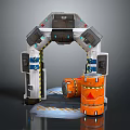 Sci-Fi Archway Structure With Control Panels Orange Barrels And Warning Stripes 3d model