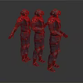 Three Tactical Soldiers In Black Armored Suits With Red Scarves And Helmets