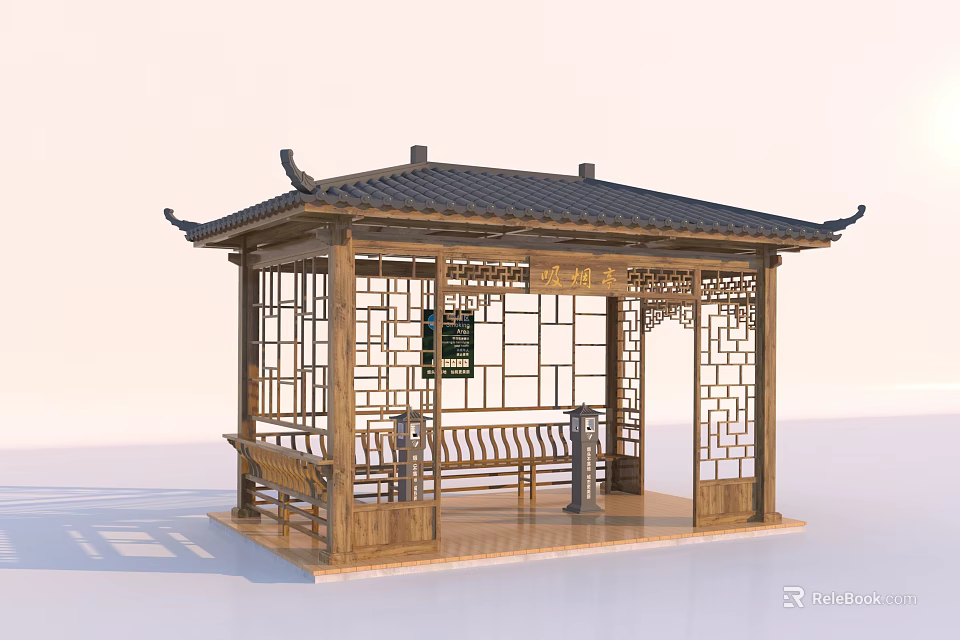 Traditional Chinese Pavilion with Wooden Lattice Tiled Roof and Bench Seating 3d model 
