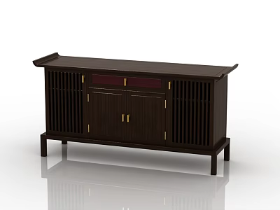 Elegant Chinese Style Dark Wooden Sideboard Featuring Lattice Panels Red Accent And Gold Handles 3d model