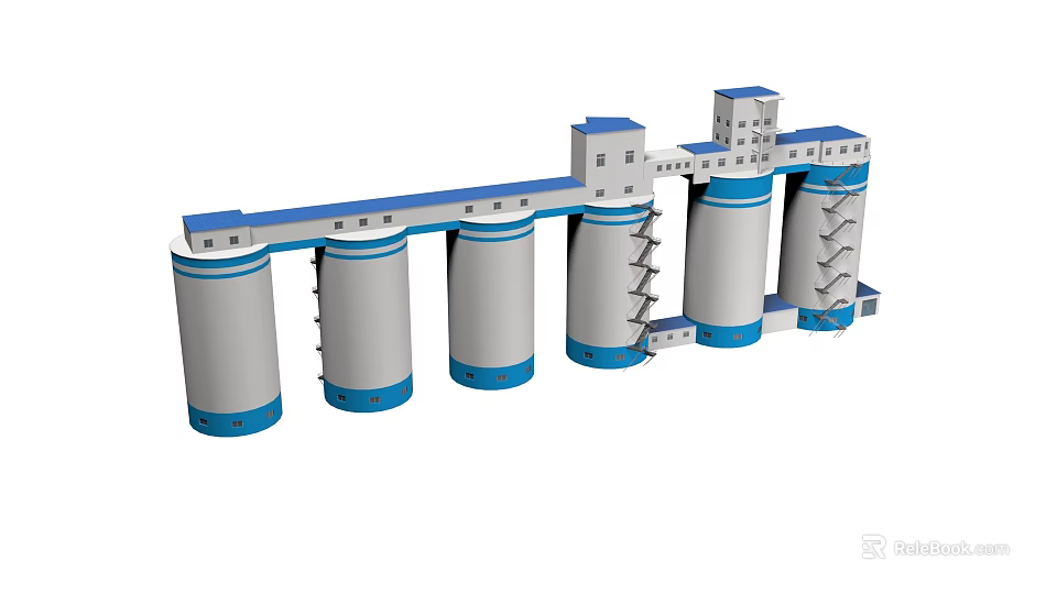 Industrial Silos With Cylindrical Design Blue Top And Connected Platforms 3d model 