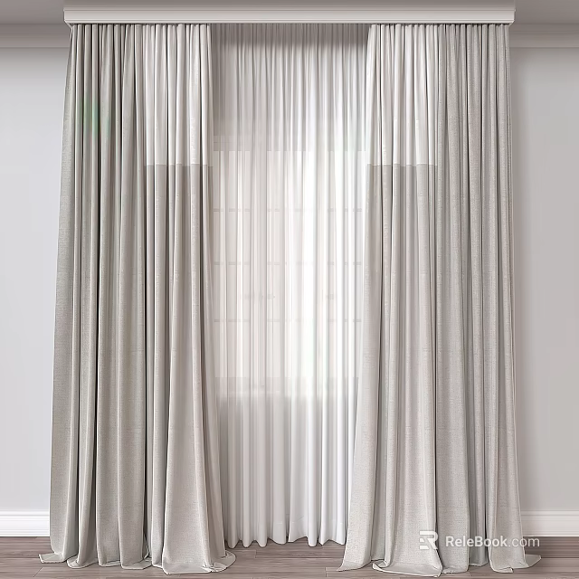 Gray Curtains With Sheer Layers For Window Light And Modern Home Interior 3d model 