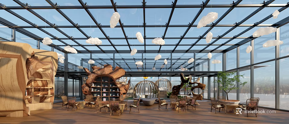 Aerial View of Modern Indoor Space With Glass Roof Hanging Cloud Decorations and Wooden Furniture 3d model 