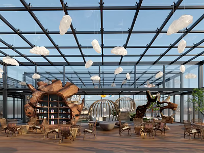 Aerial View of Modern Indoor Space With Glass Roof Hanging Cloud Decorations and Wooden Furniture 3d model