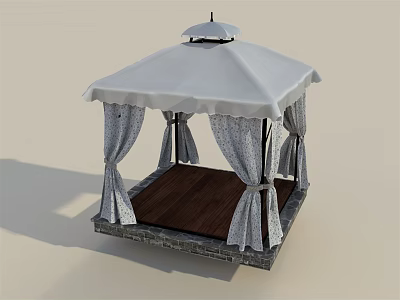 Outdoor Gazebo With White Canopy Decorative Curtains Wooden Floor And Stone Base 3d model