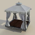 Outdoor Gazebo With White Canopy Decorative Curtains Wooden Floor And Stone Base