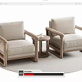 Two Light Beige Single Sofas with Wooden Armrests and Round Side Table on Gray Carpet