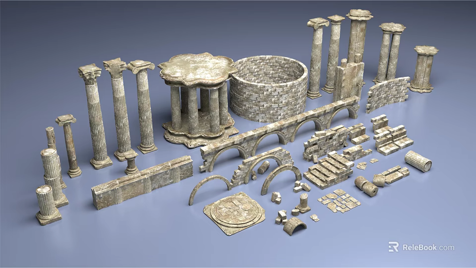 Detailed Ancient Architectural Elements With Columns Arches Circular Structures And Stones 3d model 
