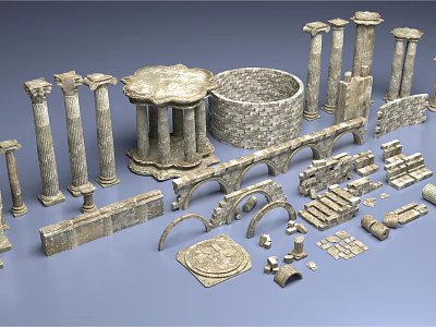 Detailed Ancient Architectural Elements With Columns Arches Circular Structures And Stones 3d model
