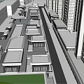 Modern Commercial Street With Glass Railings Canopy Pedestrian Walkway And Tall Buildings