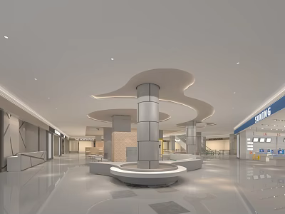 Modern Mall Store Interior With Sleek Columns And Curved Ceiling Design 3d model