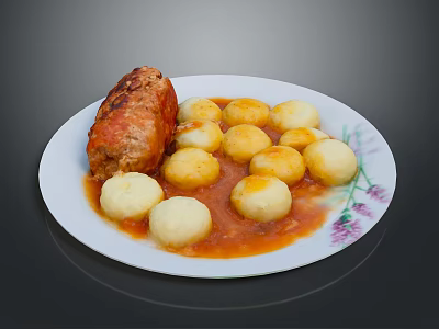 Roasted Pork Roll With Potato Dumplings In Red Sauce On White Plate With Purple Pattern 3d model