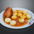 Roasted Pork Roll With Potato Dumplings In Red Sauce On White Plate With Purple Pattern