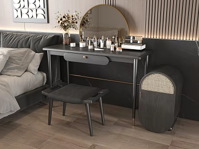 Elegant Modern Dressing Table Interior With Round Mirror Black Stool Cosmetic Bottles And Flower Vase 3d model