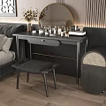 Elegant Modern Dressing Table Interior With Round Mirror Black Stool Cosmetic Bottles And Flower Vase