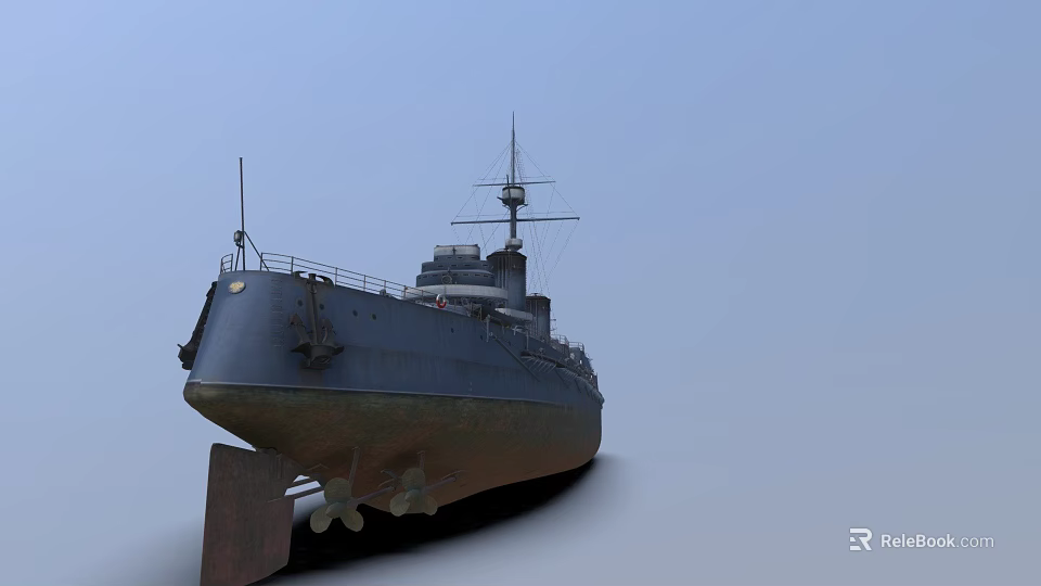 Gray Warship With Rusty Hull Tall Masts And Detailed Deck Structures Under Clear Blue Sky 3d model 