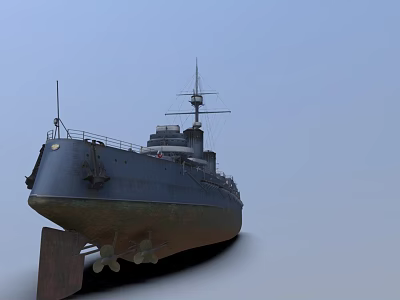 Gray Warship With Rusty Hull Tall Masts And Detailed Deck Structures Under Clear Blue Sky 3d model