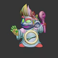 Cheerful Cartoon Fantasy Character In Purple Outfit With White Circle And Spiral Staff