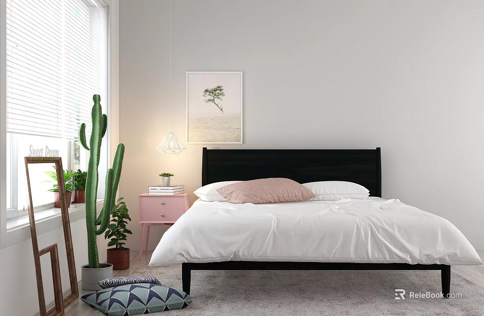 Double Bed With White Wall Window Blinds Palm Tree Painting Pink Nightstand And Table Lamp 3d model 