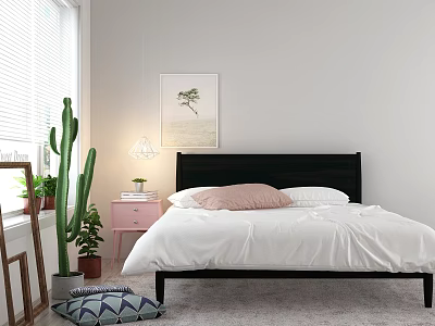 Double Bed With White Wall Window Blinds Palm Tree Painting Pink Nightstand And Table Lamp 3d model