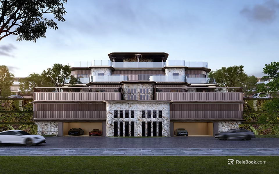 Semi Detached Villa Modern Exterior Design With Stone Metal Facade Trees Garage And Cars 3d model 