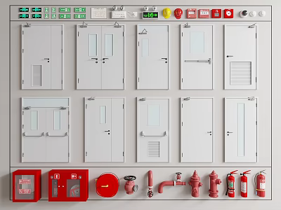 Display of Various Fire Equipment With Control Panels Fire Doors Extinguishers And Hydrants 3d model