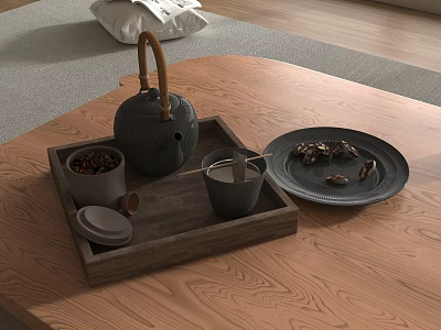 Elegant Tea Set With Wooden Tray Teapot Cups And Tea Leaves On Table 3d model
