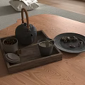 Elegant Tea Set With Wooden Tray Teapot Cups And Tea Leaves On Table