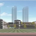 Modern School Building Campus Design With Green Lawn Track Field And Trees Under Blue Sky