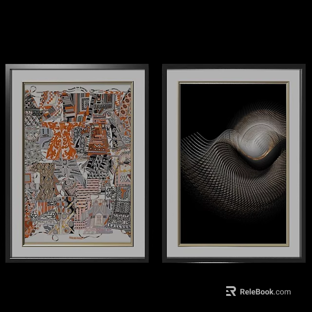 Modern Storage Cabinets With Framed Artwork Featuring Colorful And Black White Patterns 3d model